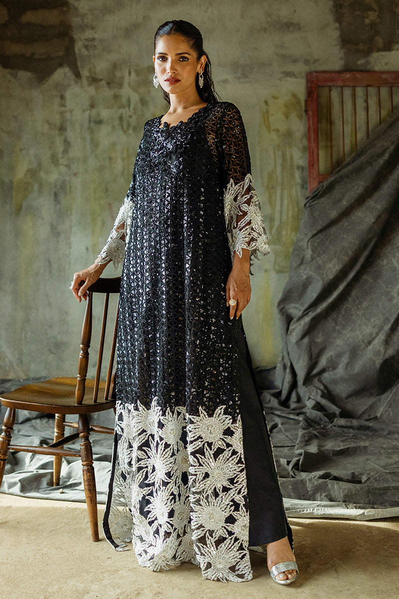 Woman wearing a Black embroidered Net suit, the organza dupatta trailing at her side