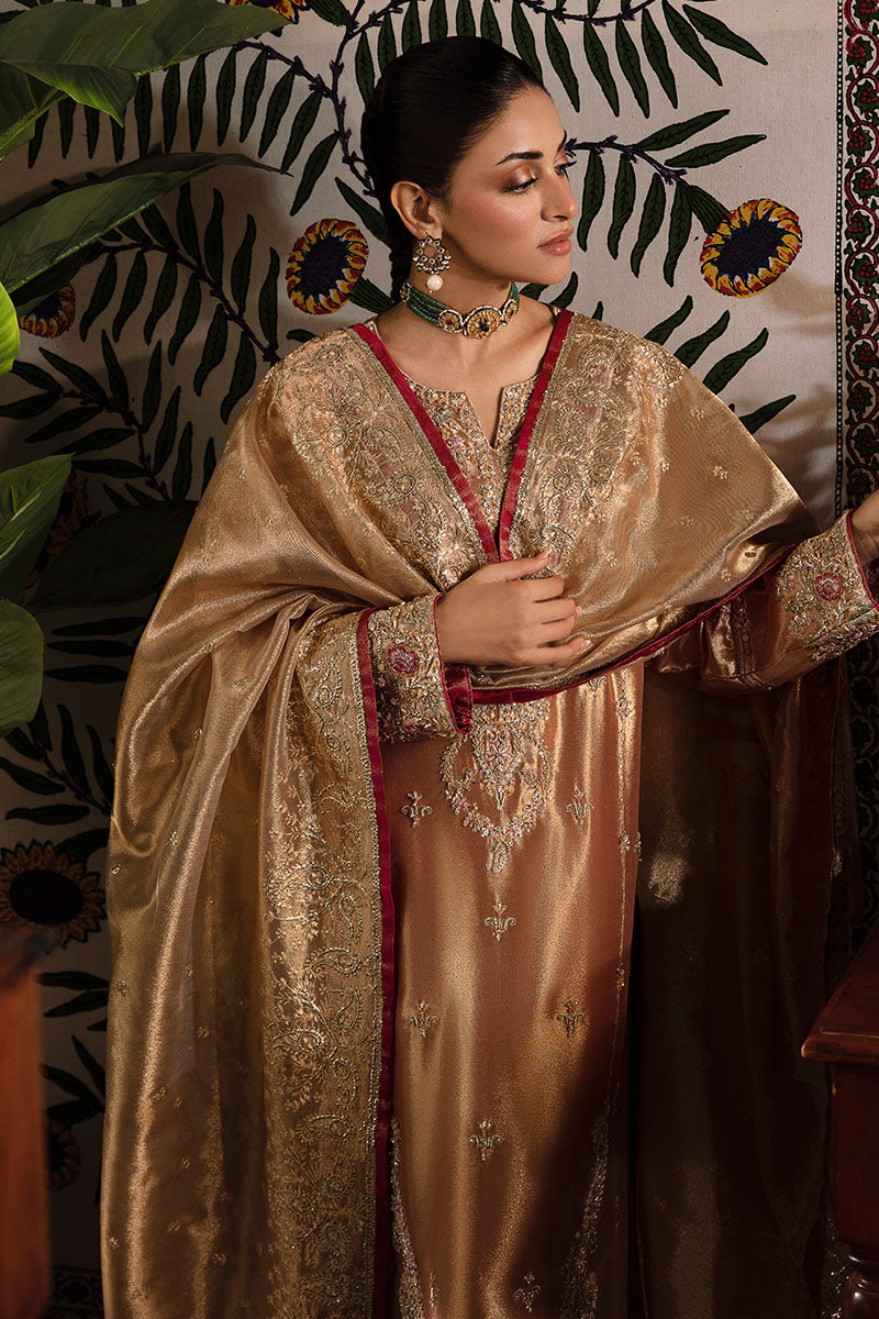 Aleha — Sunehri red golden zarri silk suit with hand-embellished gold thread work