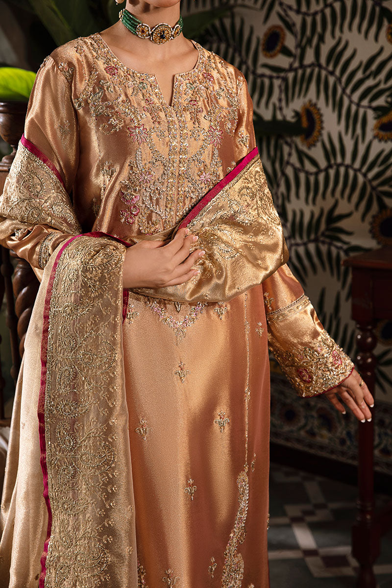 Aleha — Sunehri red golden zarri silk suit with hand-embellished gold thread work