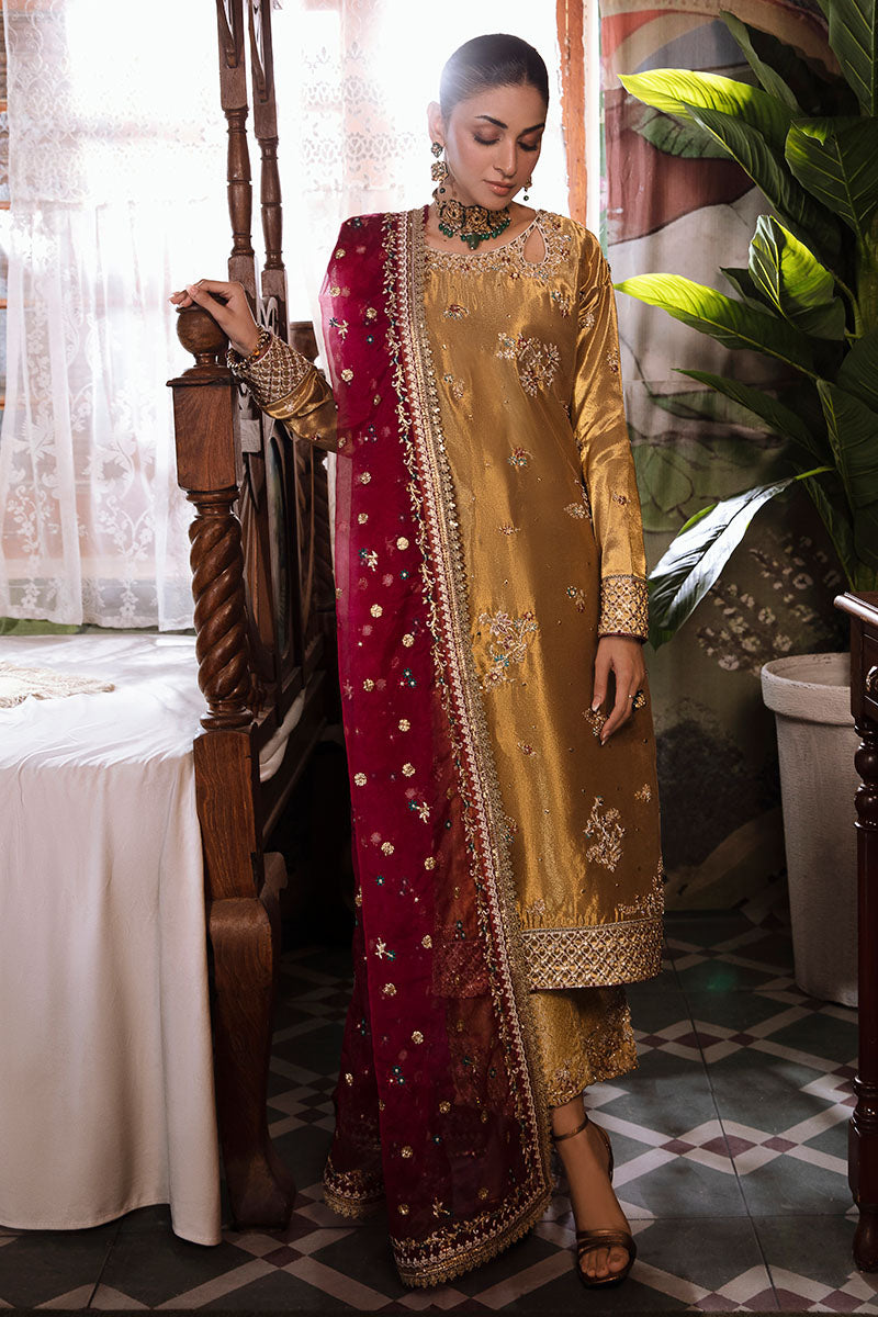 Zaisha — Sunehri tobacco gold zarri silk suit with gold threading and red dupatta