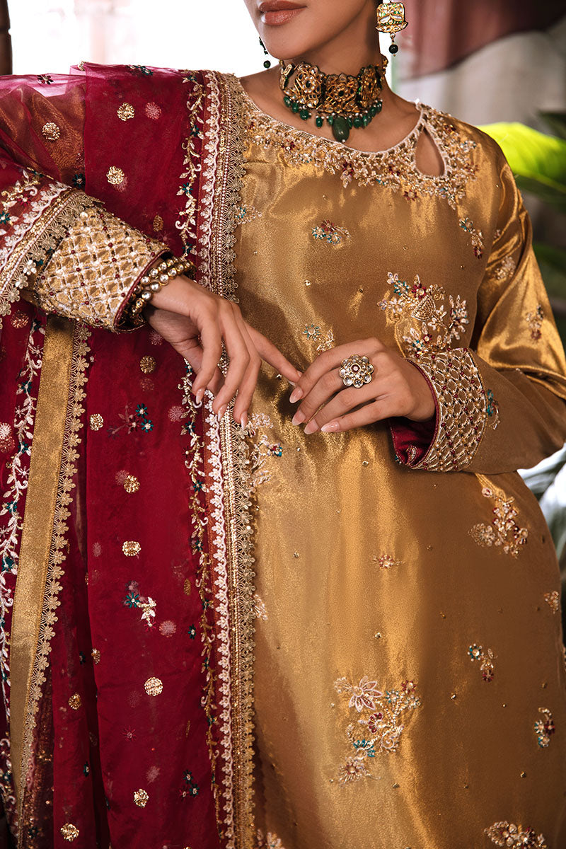 Zaisha — Sunehri tobacco gold zarri silk suit with gold threading and red dupatta