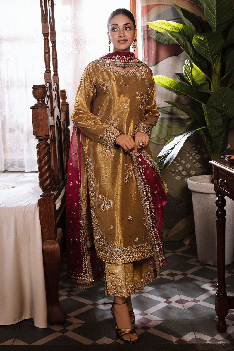 Zaisha — Sunehri tobacco gold zarri silk suit with gold threading and red dupatta