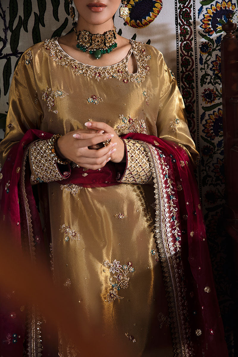 Zaisha — Sunehri tobacco gold zarri silk suit with gold threading and red dupatta