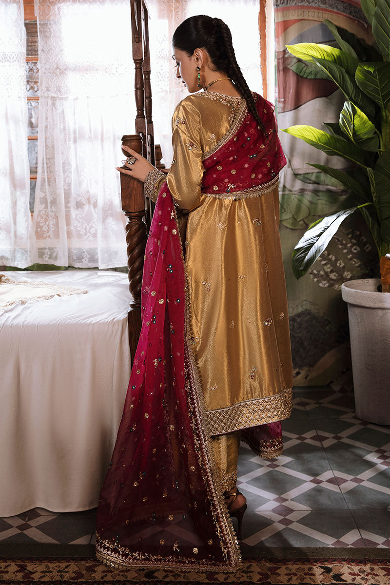 Zaisha — Sunehri tobacco gold zarri silk suit with gold threading and red dupatta