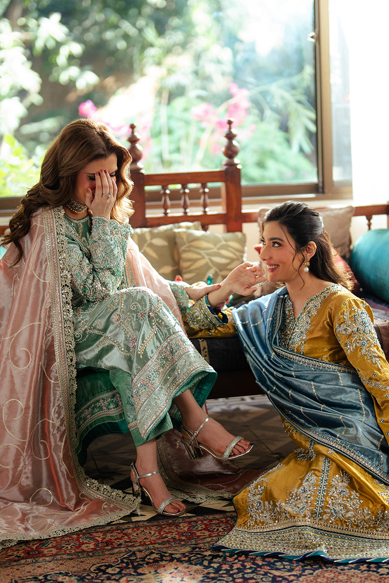 Jana — Sunehri sea green embroidered satin zari suit with zari tissue dupatta