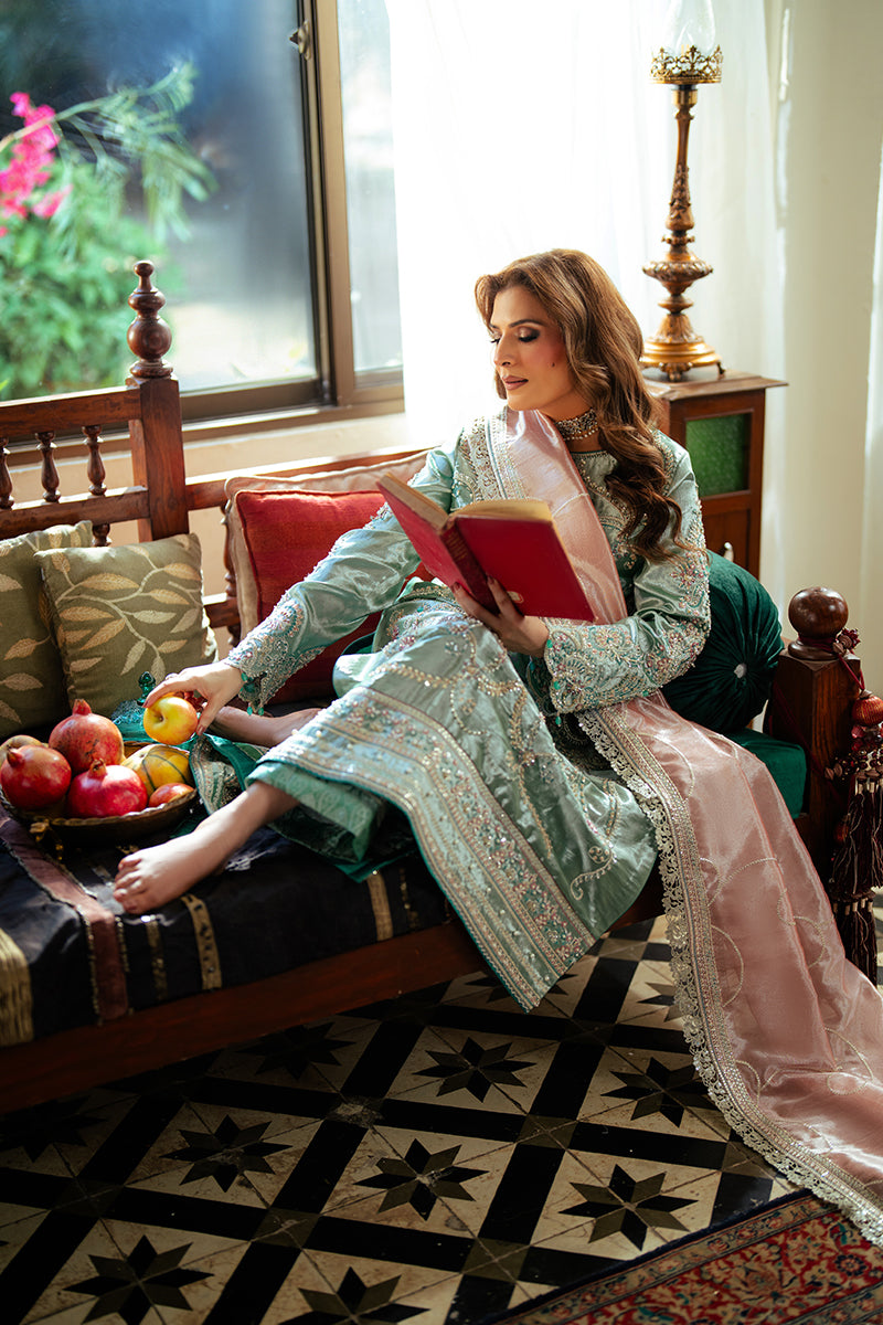 Jana — Sunehri sea green embroidered satin zari suit with zari tissue dupatta