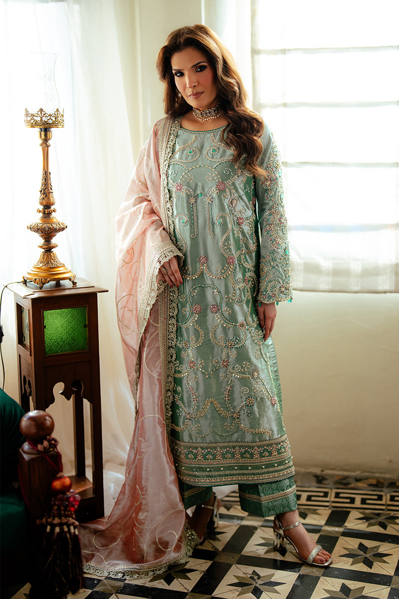 Jana — Sunehri sea green embroidered satin zari suit with zari tissue dupatta