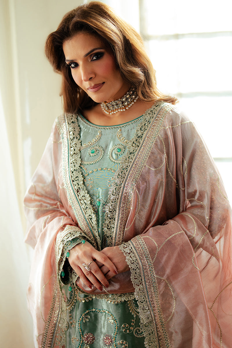Jana — Sunehri sea green embroidered satin zari suit with zari tissue dupatta