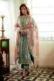 Jana — Sunehri sea green embroidered satin zari suit with zari tissue dupatta