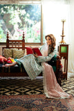 Jana — Sunehri sea green embroidered satin zari suit with zari tissue dupatta