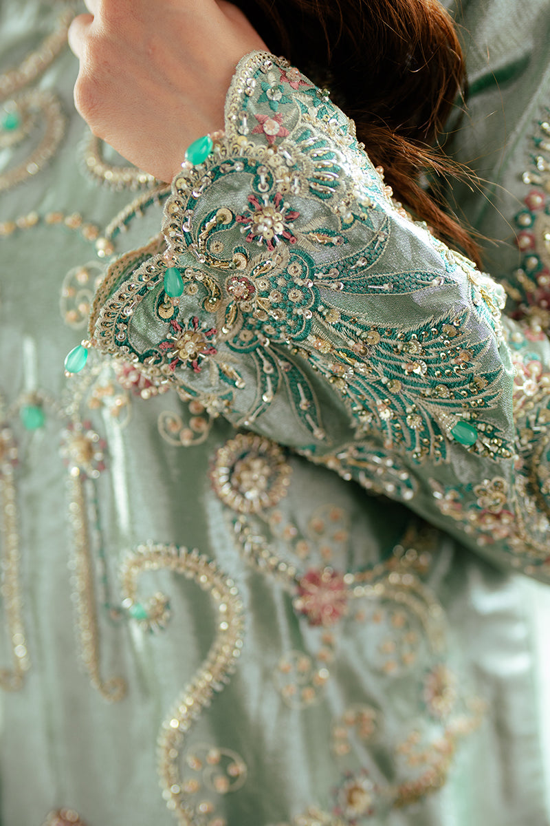 Jana — Sunehri sea green embroidered satin zari suit with zari tissue dupatta