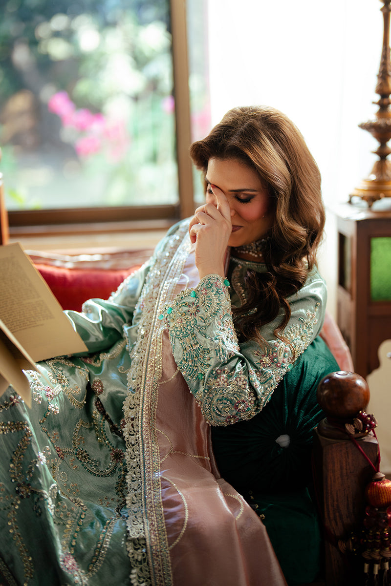 Jana — Sunehri sea green embroidered satin zari suit with zari tissue dupatta