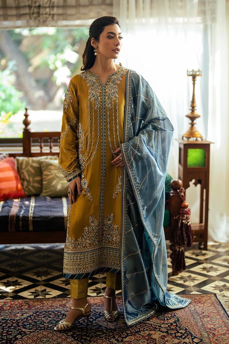 Zoya — Sunehri golden embroidered satin zari suit with zari tissue dupatta