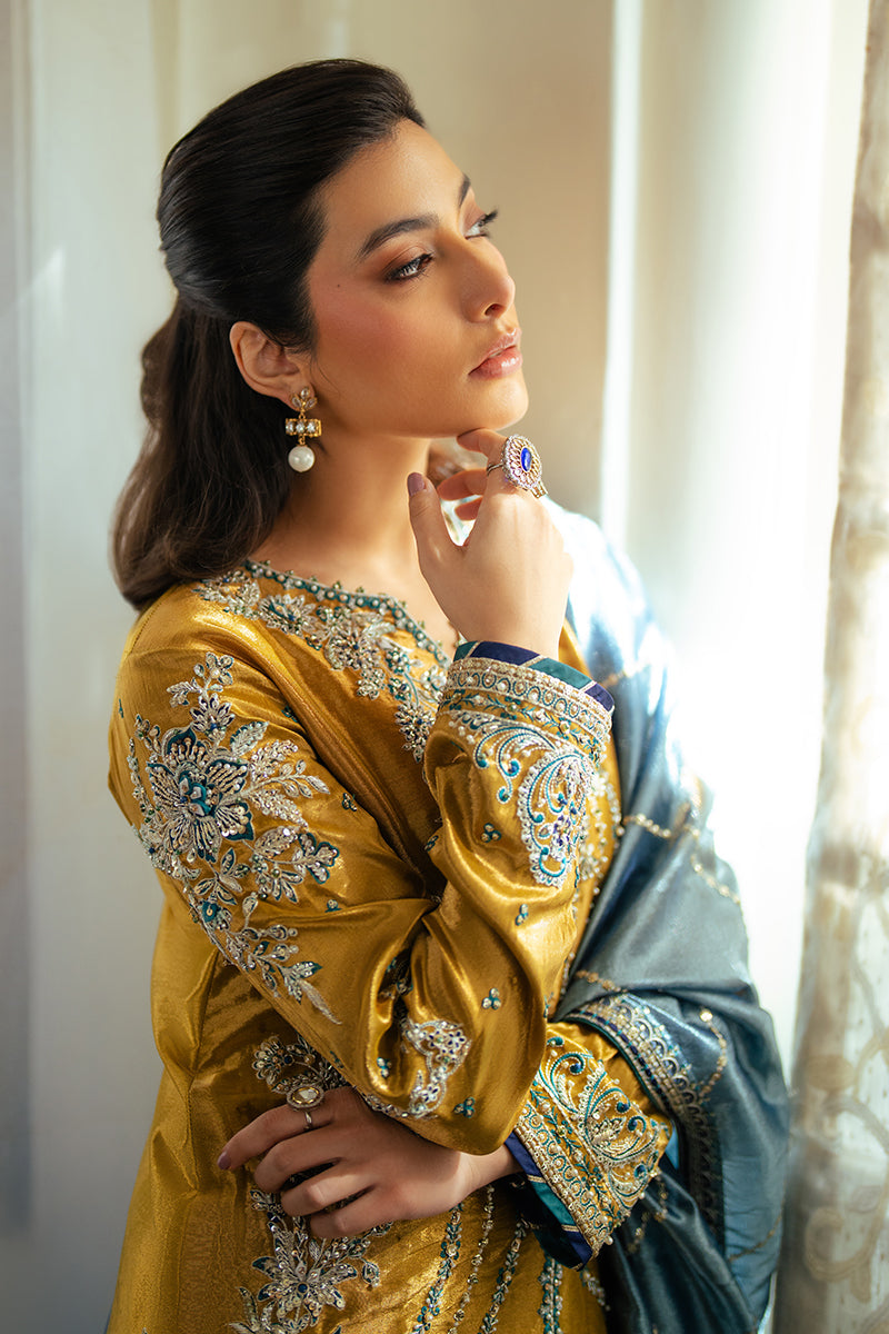 Zoya — Sunehri golden embroidered satin zari suit with zari tissue dupatta