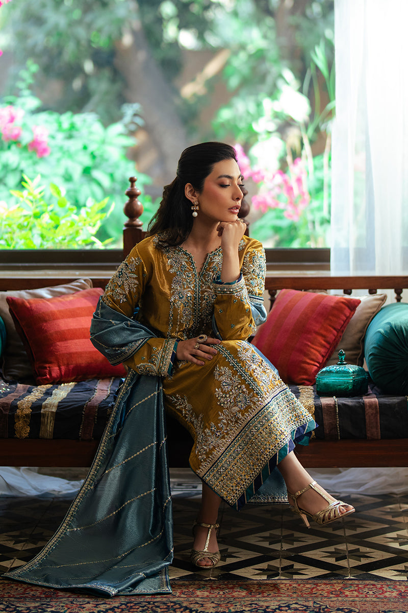 Zoya — Sunehri golden embroidered satin zari suit with zari tissue dupatta