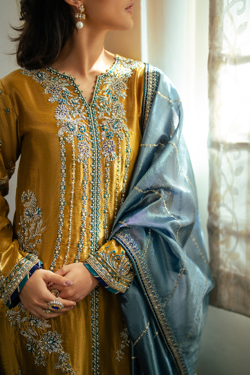 Zoya — Sunehri golden embroidered satin zari suit with zari tissue dupatta