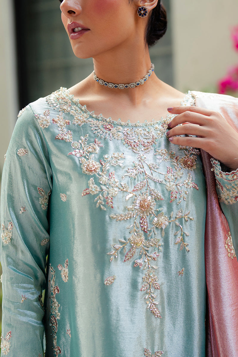 Eman — Sunehri light blue embroidered satin zari suit with zari tissue dupatta