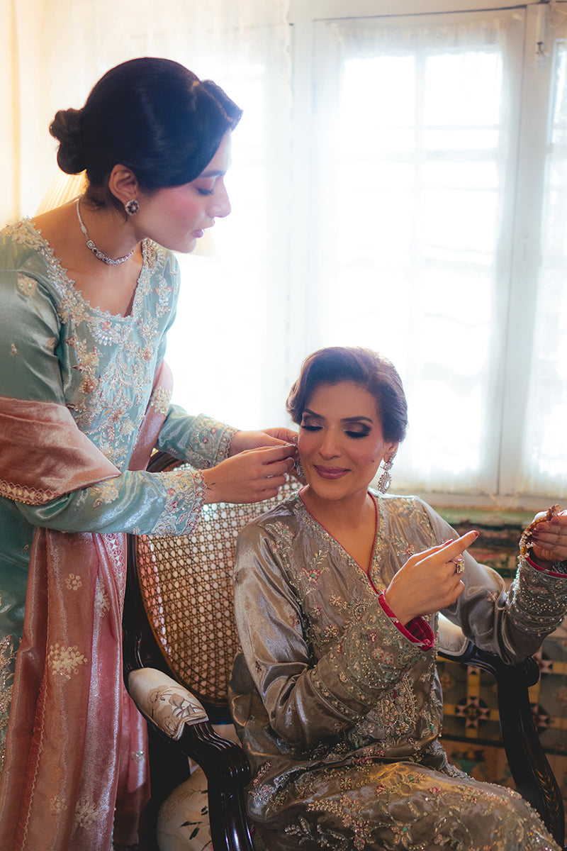 Eman — Sunehri light blue embroidered satin zari suit with zari tissue dupatta