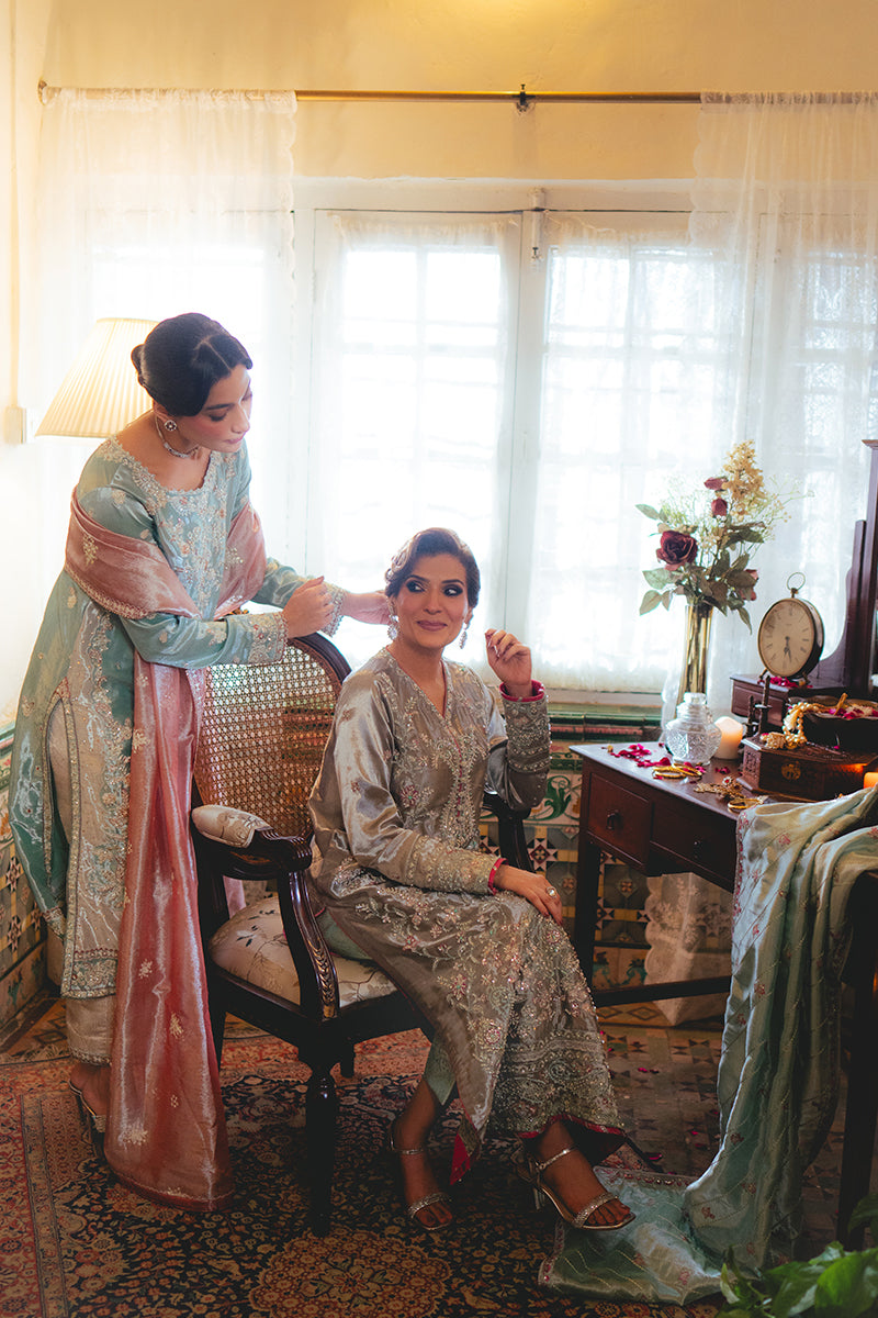 Eman — Sunehri light blue embroidered satin zari suit with zari tissue dupatta