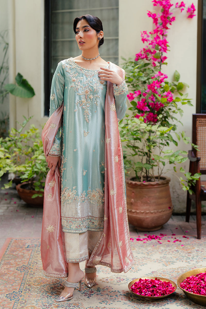 Eman — Sunehri light blue embroidered satin zari suit with zari tissue dupatta