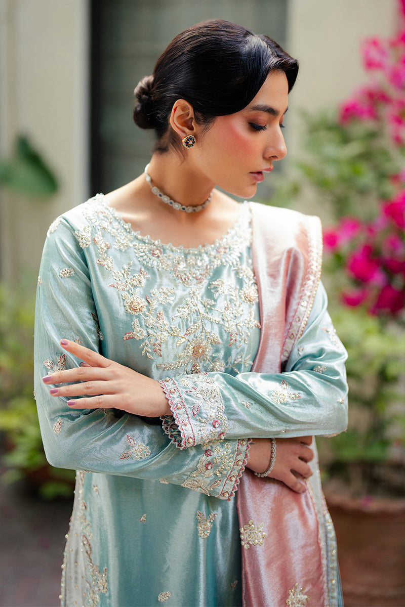 Eman — Sunehri light blue embroidered satin zari suit with zari tissue dupatta