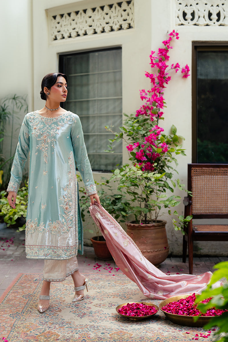 Eman — Sunehri light blue embroidered satin zari suit with zari tissue dupatta