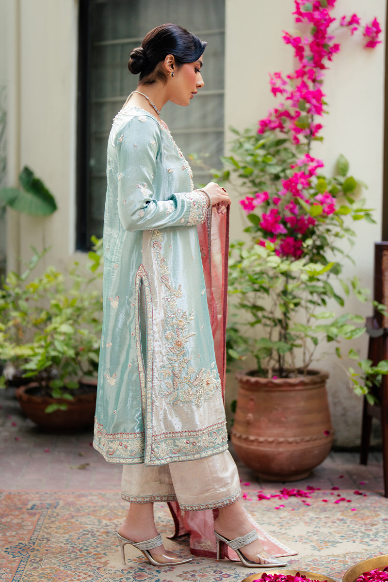 Eman — Sunehri light blue embroidered satin zari suit with zari tissue dupatta