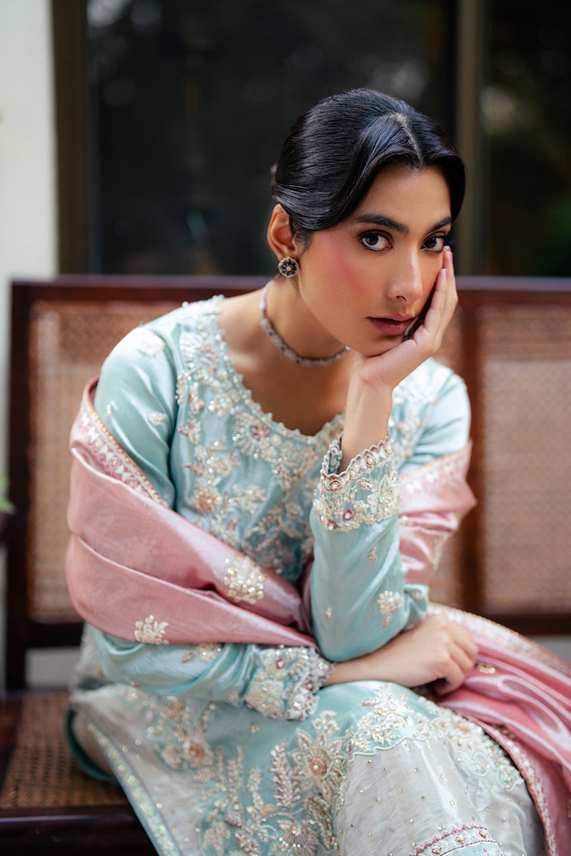 Eman — Sunehri light blue embroidered satin zari suit with zari tissue dupatta