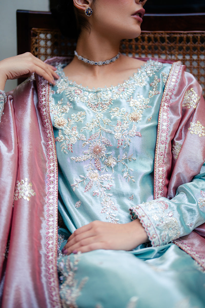 Eman — Sunehri light blue embroidered satin zari suit with zari tissue dupatta
