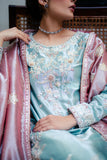 Eman — Sunehri light blue embroidered satin zari suit with zari tissue dupatta