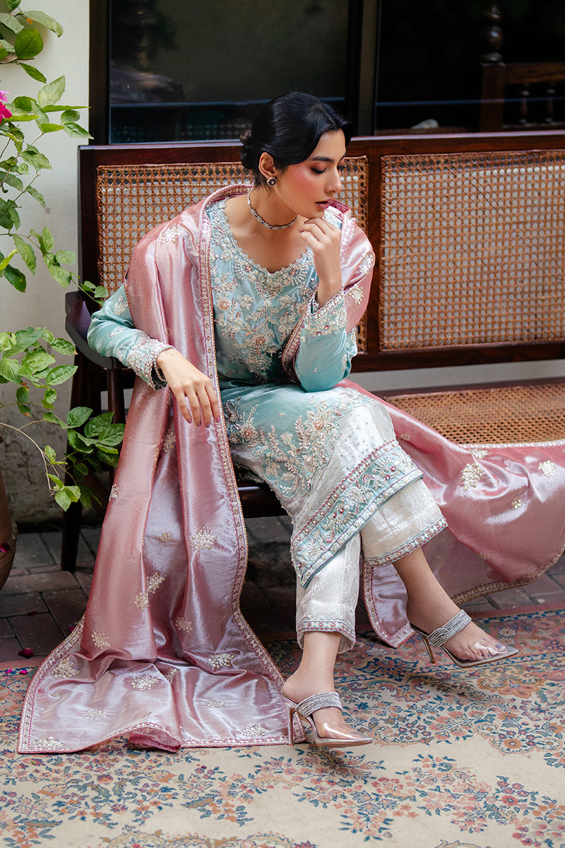 Eman — Sunehri light blue embroidered satin zari suit with zari tissue dupatta