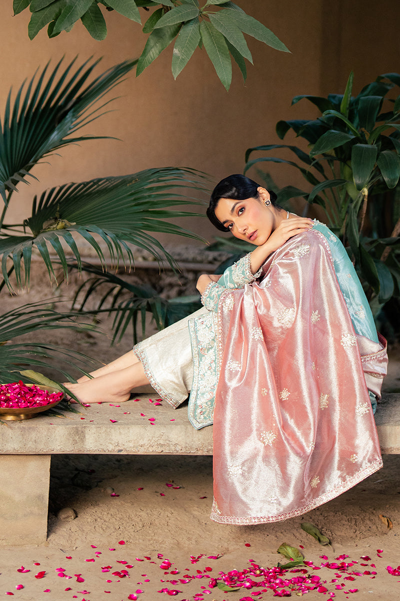 Eman — Sunehri light blue embroidered satin zari suit with zari tissue dupatta