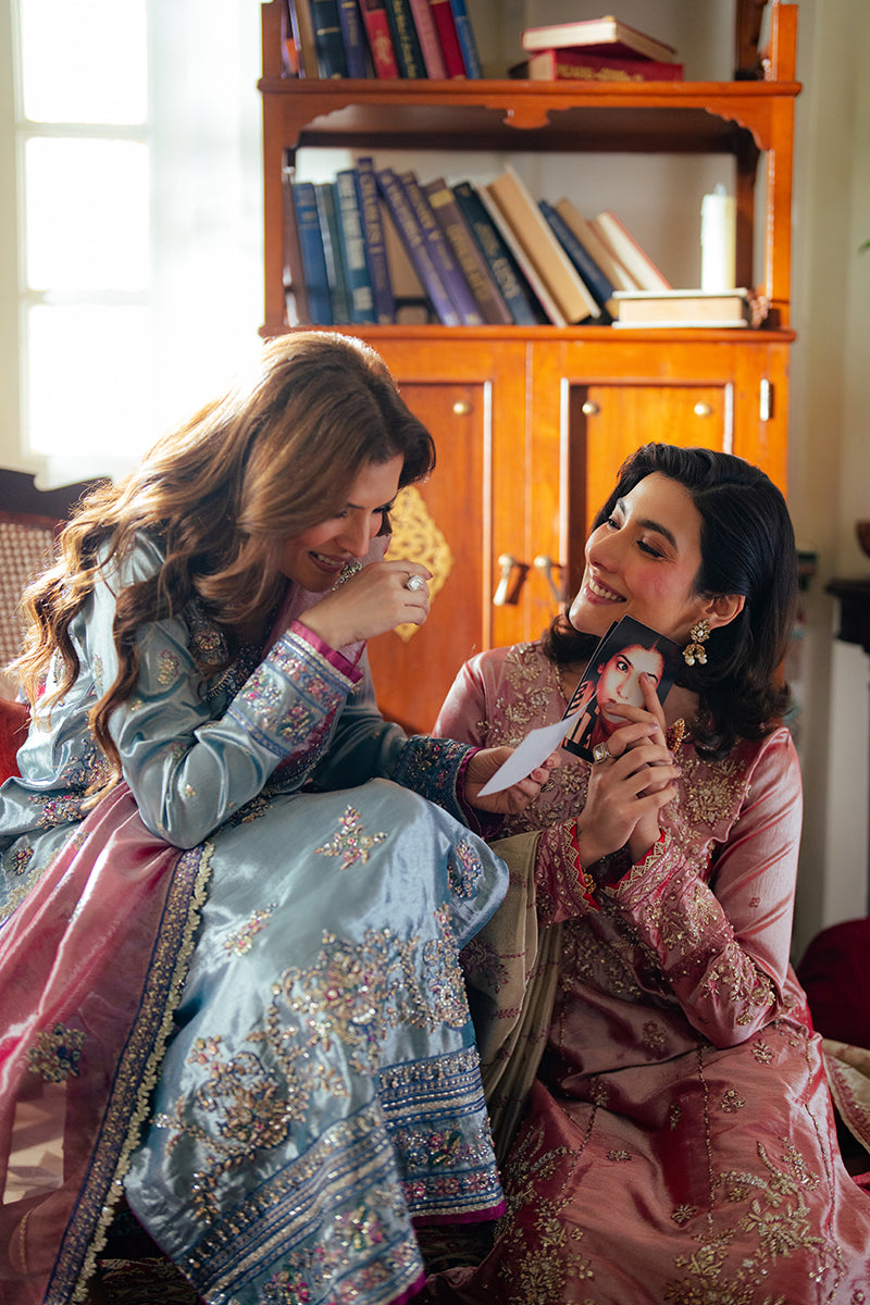 Meher — Sunehri rose pink embroidered satin zari suit with zari tissue dupatta