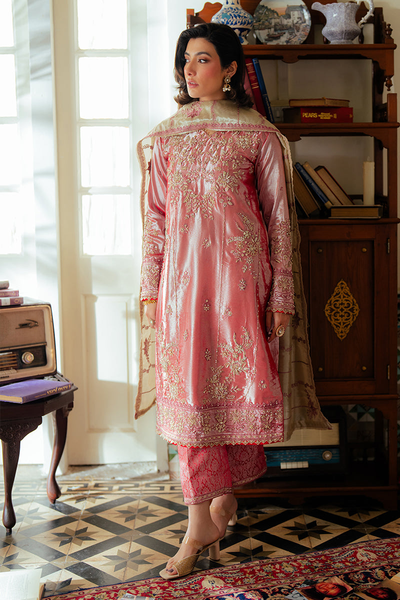 Meher — Sunehri rose pink embroidered satin zari suit with zari tissue dupatta