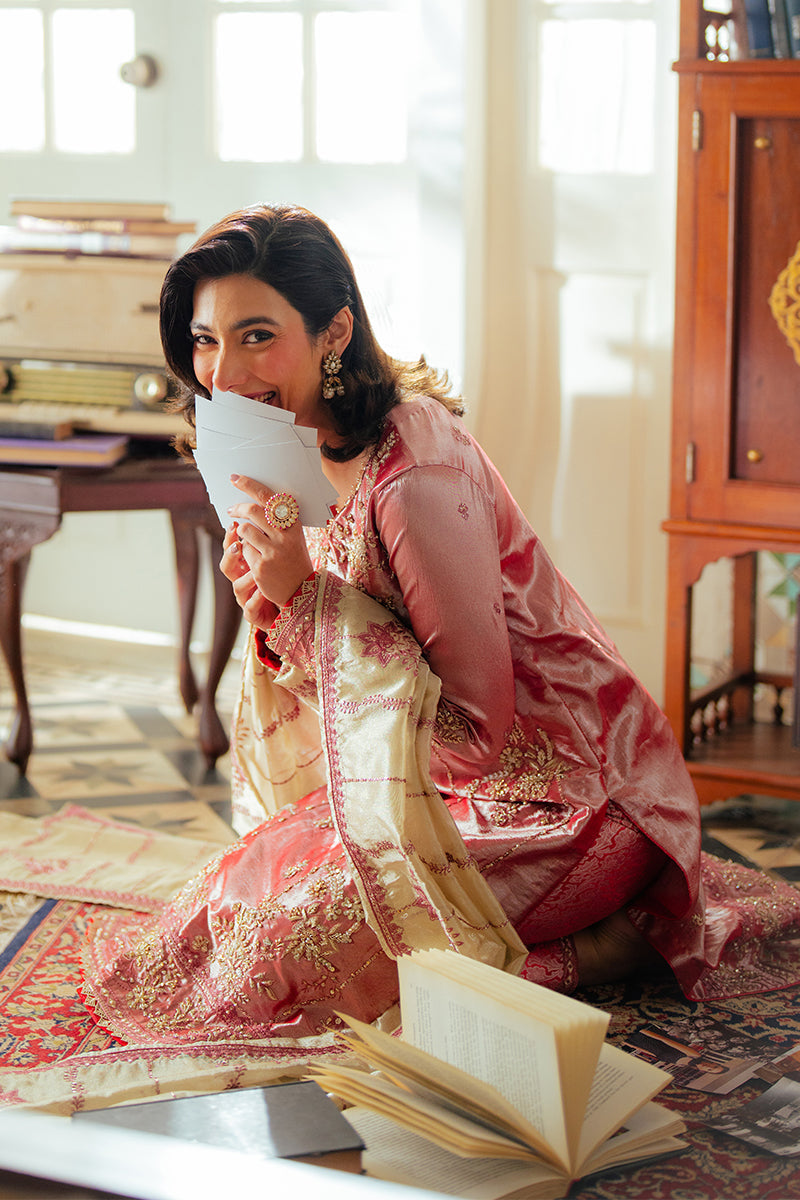 Meher — Sunehri rose pink embroidered satin zari suit with zari tissue dupatta