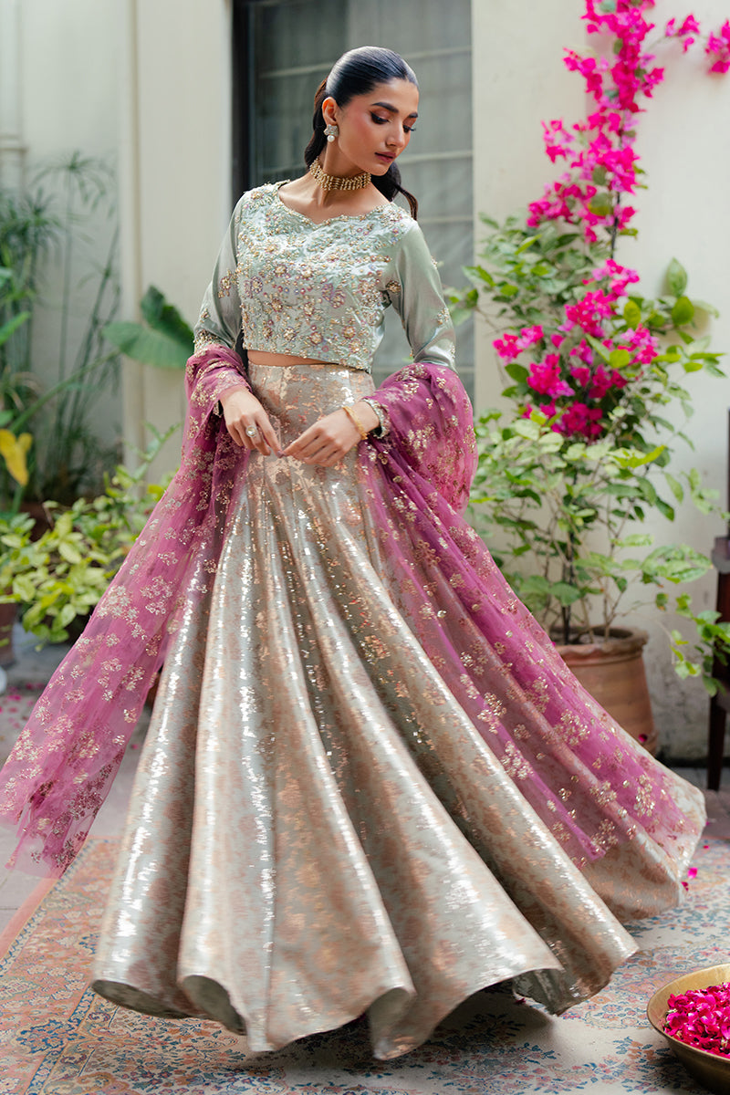 Zima — Sunehri mint green embroidered satin zari lehenga with kasab net dupatta