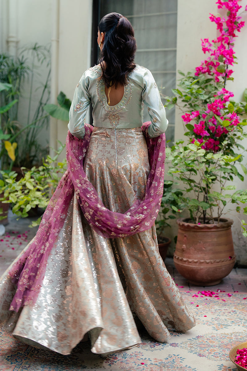 Zima — Sunehri mint green embroidered satin zari lehenga with kasab net dupatta