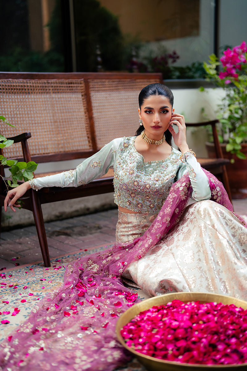 Zima — Sunehri mint green embroidered satin zari lehenga with kasab net dupatta