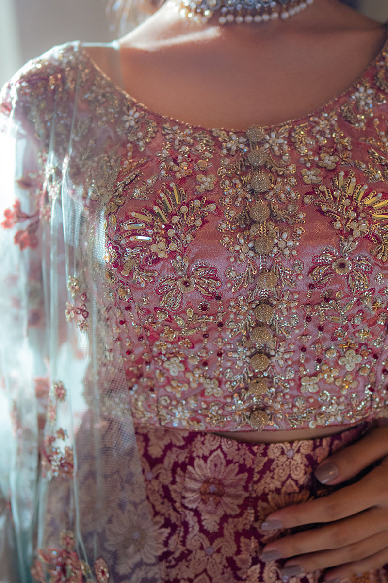 Rushna — Sunehri pink embroidered satin zari lehenga with kasab net dupatta