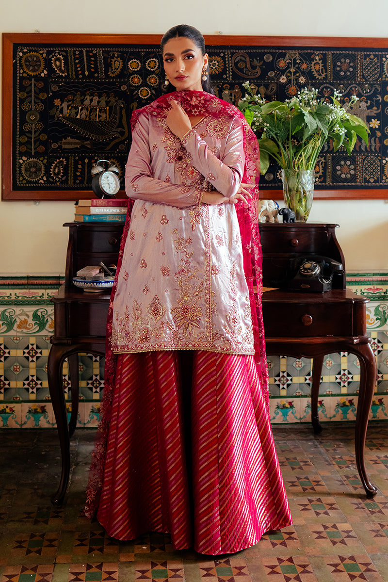 Maheen — Sunehri pink embroidered satin zari suit with jamawar sharara