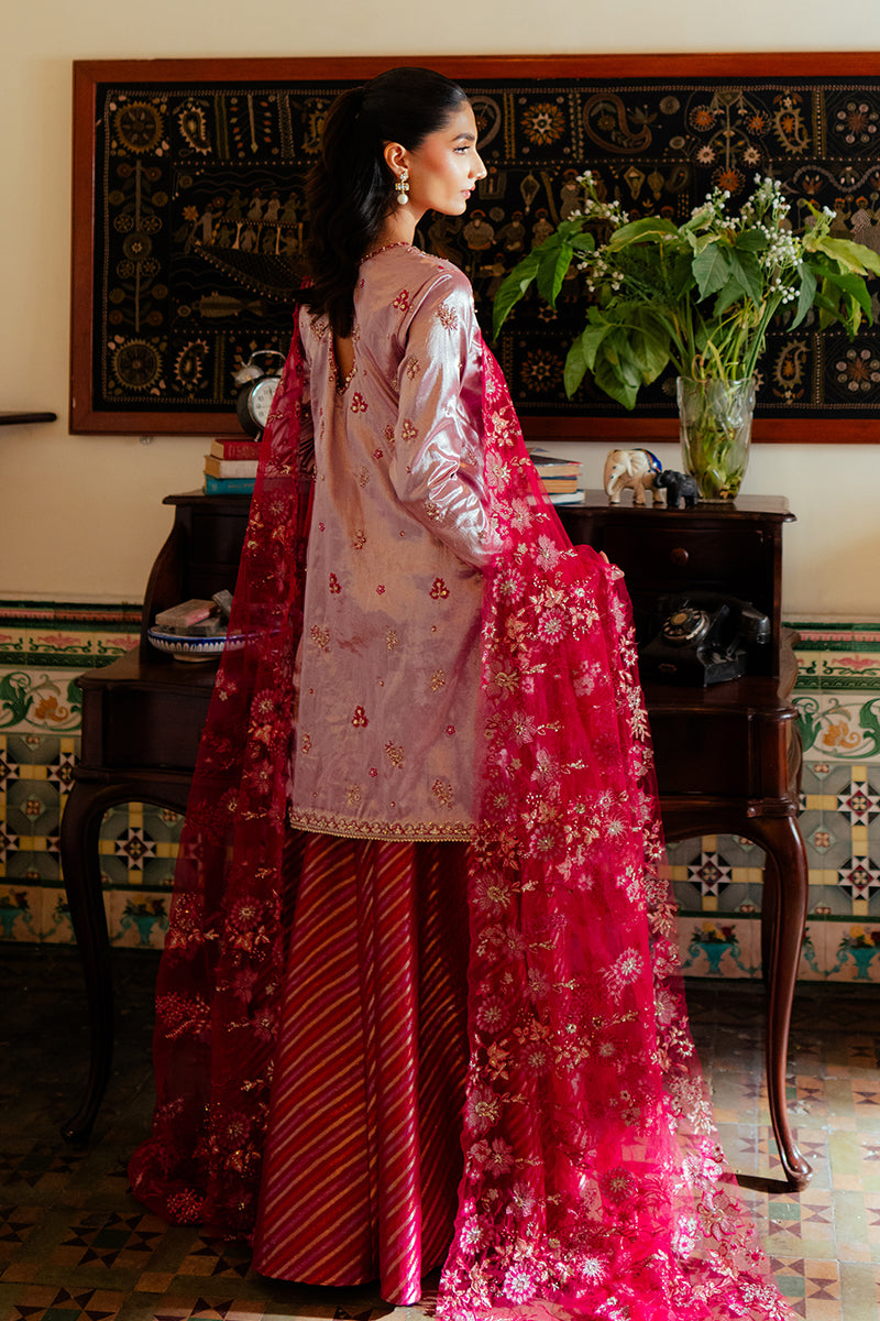 Maheen — Sunehri pink embroidered satin zari suit with jamawar sharara