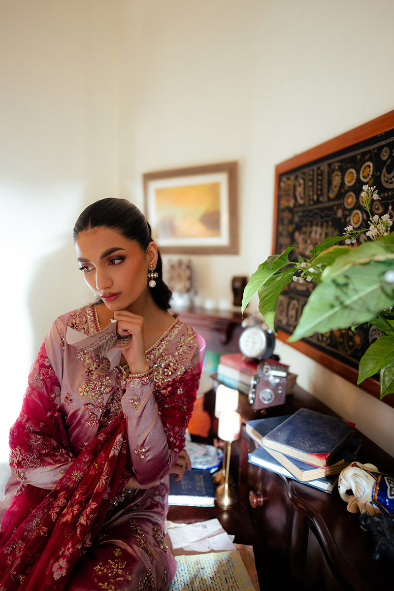 Maheen — Sunehri pink embroidered satin zari suit with jamawar sharara