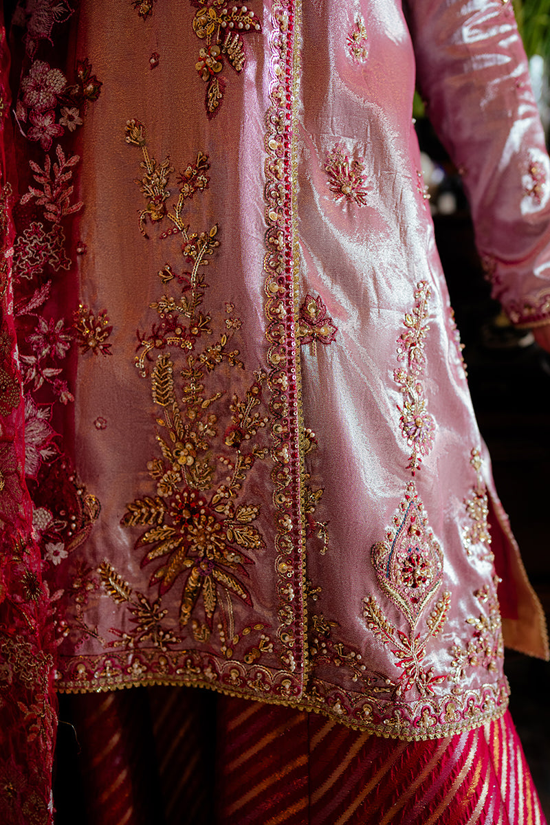 Maheen — Sunehri pink embroidered satin zari suit with jamawar sharara