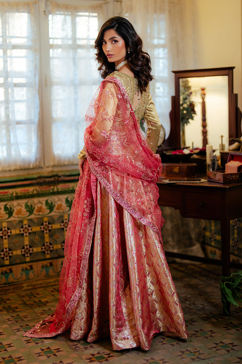 Iqra — Sunehri gold embroidered satin zari lehenga with kasab net dupatta