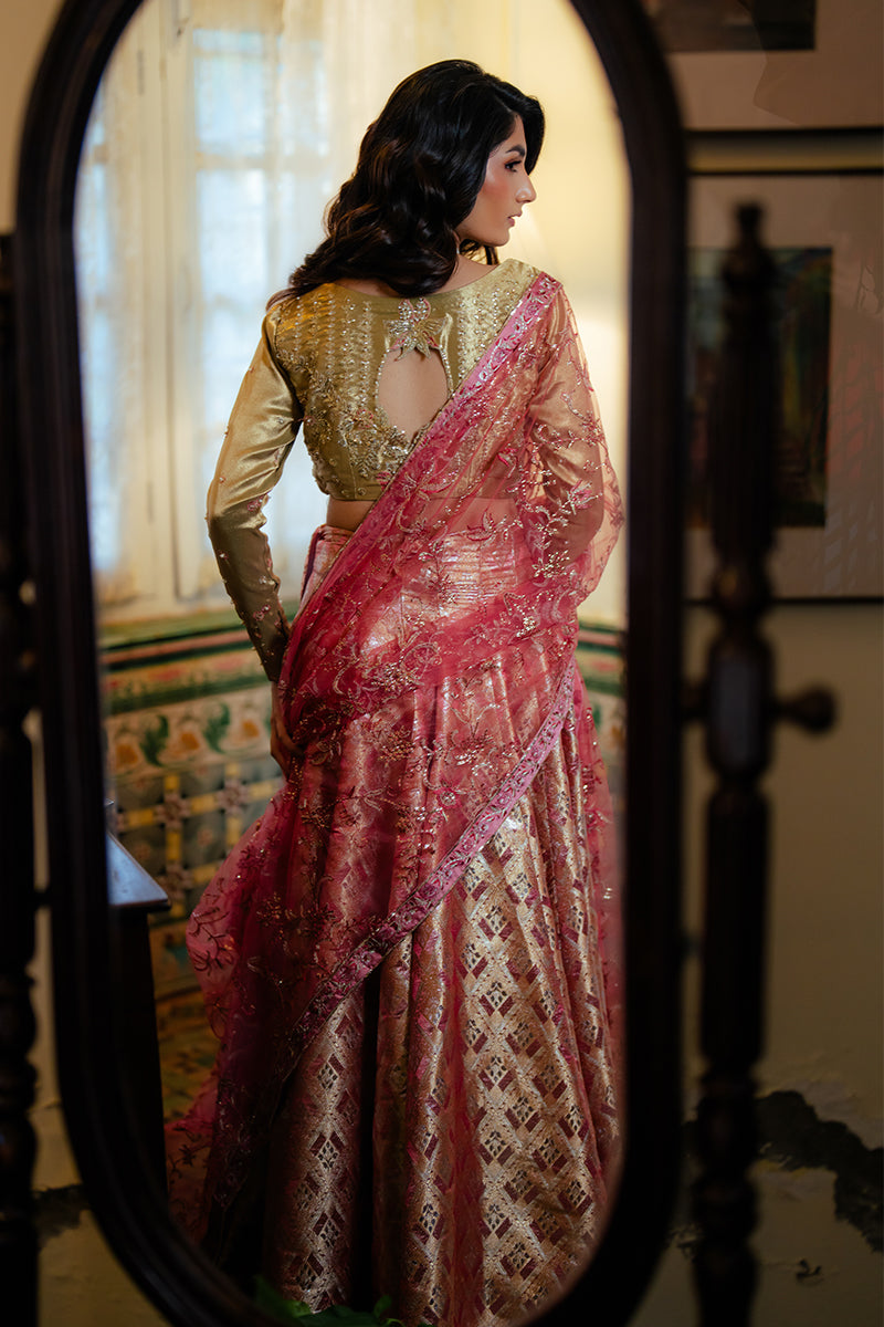 Iqra — Sunehri gold embroidered satin zari lehenga with kasab net dupatta
