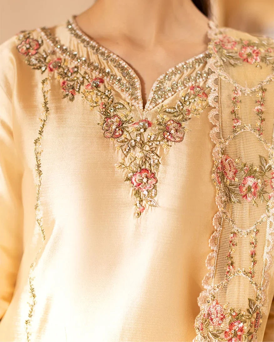 Close-up of floral neckline embroidery on beige luxury pret suit, Zarminay collection