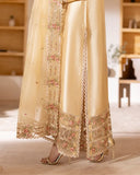 Close-up of floral embroidered hemline on beige luxury pret suit, Zarminay collection