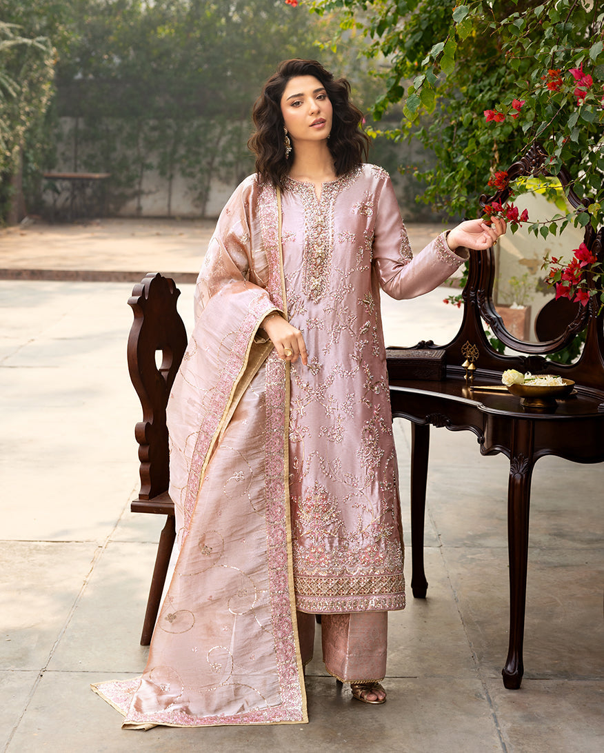 Marium — Sunehri coral lama silk suit with tilla-embroidered split neckline and zari tissue dupatta