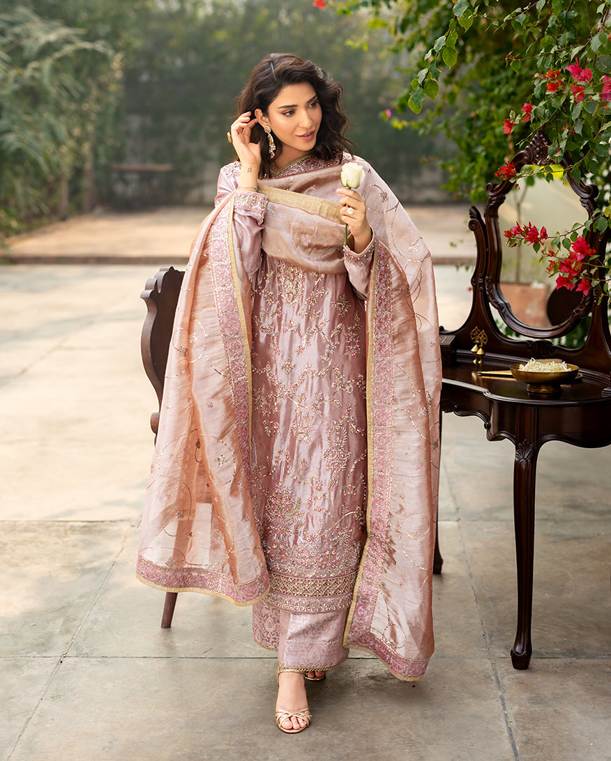 Marium — Sunehri coral lama silk suit with tilla-embroidered split neckline and zari tissue dupatta