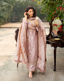 Marium — Sunehri coral lama silk suit with tilla-embroidered split neckline and zari tissue dupatta